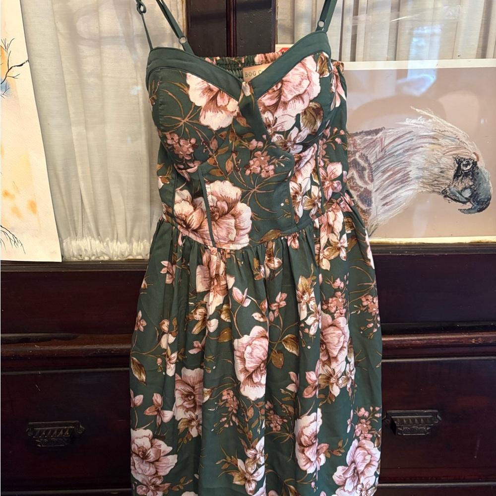 BOG Collective XS Green Floral Dress with Pink Blooms NWOT